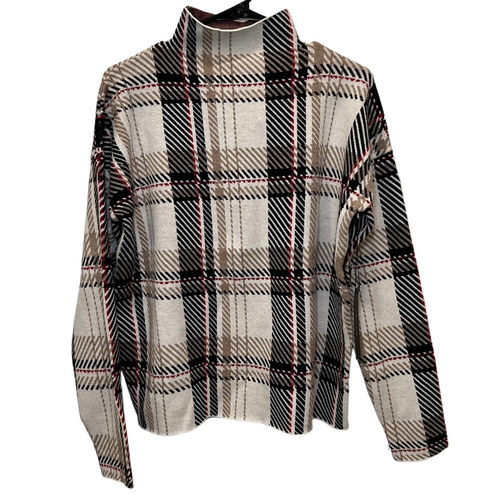 New Tahari Black Beige Red Plaid Long Sleeve Mock Neck Sweater Top